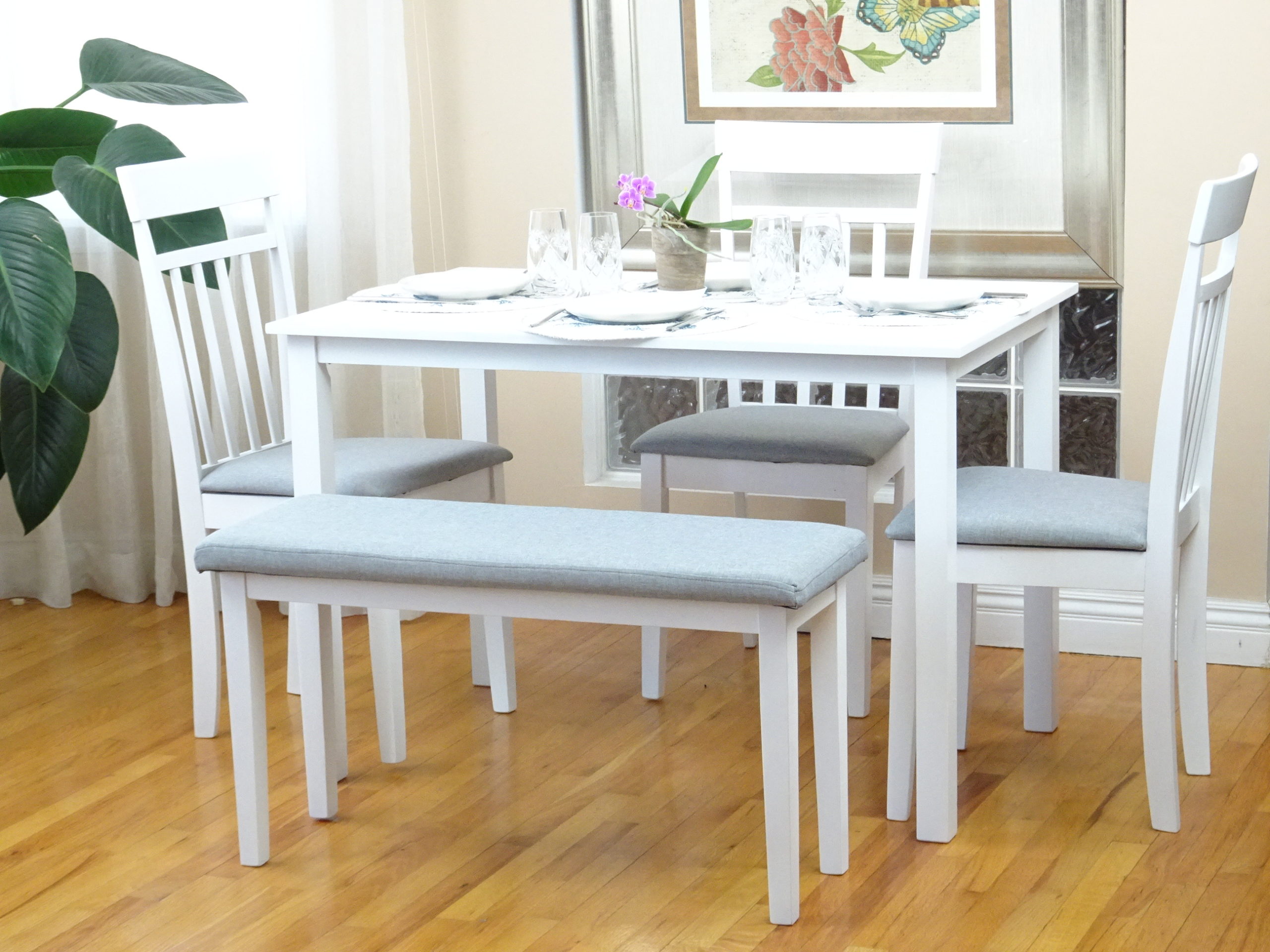 Buy Dining Set of Rectangular Table and 3 Warm Chairs 1 Stained Bench